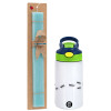 Easter Set, Children's thermal stainless steel bottle with safety straw, green/blue (350ml) & aromatic flat Easter candle (30cm) (TURQUOISE)