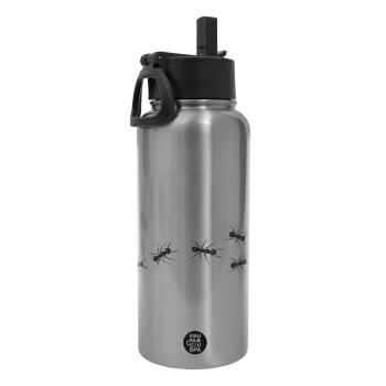 Ants, Metal mug thermo Silver with Straw and Spout Lid (Stainless steel), double wall, 950ml