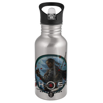 Ghost of Tsushima, Water bottle Silver with straw, stainless steel 500ml