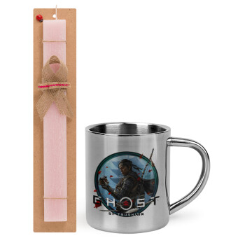 Ghost of Tsushima, Easter Set, metallic thermal cup (300ml) & aromatic flat Easter candle (30cm) (PINK)