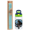 Easter Set, Children's thermal stainless steel bottle with safety straw, green/blue (350ml) & aromatic flat Easter candle (30cm) (TURQUOISE)