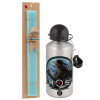 Easter Set, metallic silver aluminum water bottle (500ml) & scented flat Easter candle (30cm) (TURQUOISE)