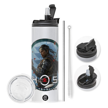 Ghost of Tsushima, Travel Tumbler 2 Lids, with metal straw & cleaning brush (Stainless steel 304 Food grade, BPA free, 600ml)