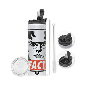 Dunder Mifflin FACT, Travel Tumbler θερμό με διπλό καπάκι, μεταλλικό καλαμάκι και βούρτσα καθαρισμού (Ανωξείδωτο 304 Food grade, BPA free, 600ml)