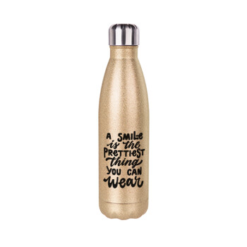 A smile is the prettiest thing you can wear, Glitter gold stainless steel thermos bottle, double-walled, 500ml