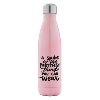 A smile is the prettiest thing you can wear, Metal mug thermos Pink Iridiscent (Stainless steel), double wall, 500ml