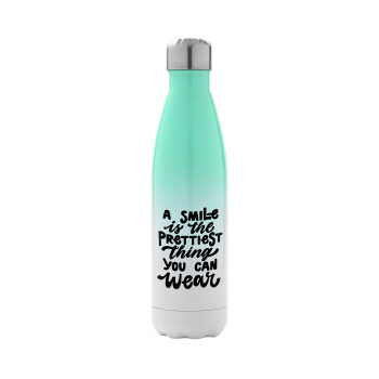 A smile is the prettiest thing you can wear, Metal mug thermos Green/White (Stainless steel), double wall, 500ml