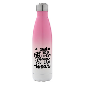 A smile is the prettiest thing you can wear, Metal mug thermos Pink/White (Stainless steel), double wall, 500ml