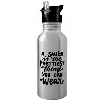 A smile is the prettiest thing you can wear, Water bottle Silver with straw, stainless steel 600ml