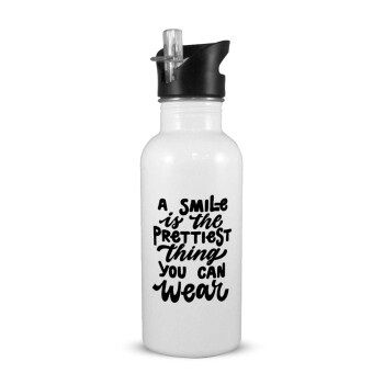 A smile is the prettiest thing you can wear, White water bottle with straw, stainless steel 600ml