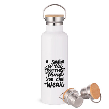 A smile is the prettiest thing you can wear, Stainless steel White with wooden lid (bamboo), double wall, 750ml