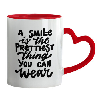 A smile is the prettiest thing you can wear, Mug heart red handle, ceramic, 330ml