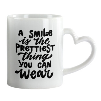 A smile is the prettiest thing you can wear, Mug heart handle, ceramic, 330ml