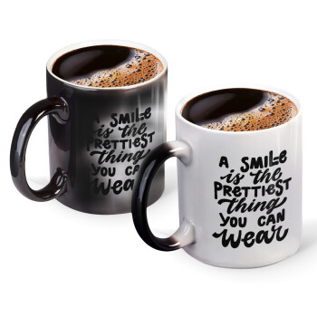 A smile is the prettiest thing you can wear, Color changing magic Mug, ceramic, 330ml when adding hot liquid inside, the black colour desappears (1 pcs)