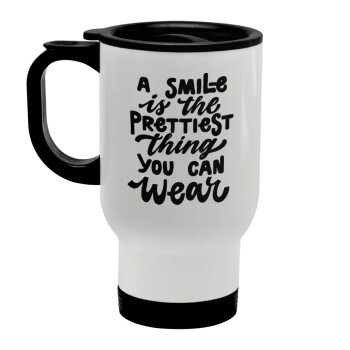 A smile is the prettiest thing you can wear, Stainless steel travel mug with lid, double wall white 450ml