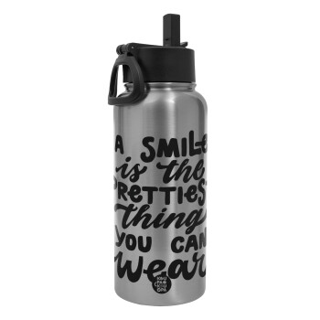 A smile is the prettiest thing you can wear, Metal mug thermo Silver with Straw and Spout Lid (Stainless steel), double wall, 950ml