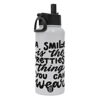 A smile is the prettiest thing you can wear, Metal mug thermo White with Straw and Spout Lid (Stainless steel), double wall, 950ml