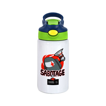 Among US Sabotage, Children's hot water bottle, stainless steel, with safety straw, green, blue (350ml)