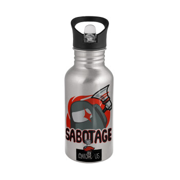 Among US Sabotage, Water bottle Silver with straw, stainless steel 500ml