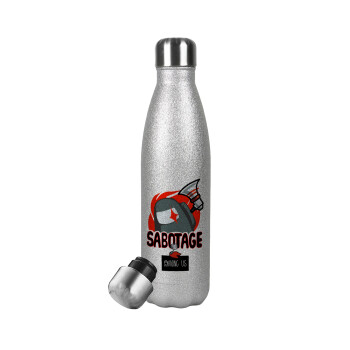 Among US Sabotage, Metallic Glitter Silver Thermos Flask (Stainless steel), double-walled, 500ml