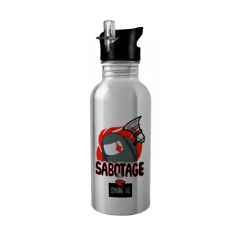 Among US Sabotage, Water bottle Silver with straw, stainless steel 600ml