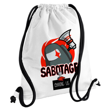 Among US Sabotage, Τσάντα πλάτης πουγκί GYMBAG λευκή, με τσέπη (40x48cm) & χονδρά κορδόνια