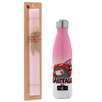 Among US Sabotage, Easter Set, Metallic pink/white (Stainless steel) thermos, double-walled, 500ml & aromatic flat Easter candle (30cm) (PINK)