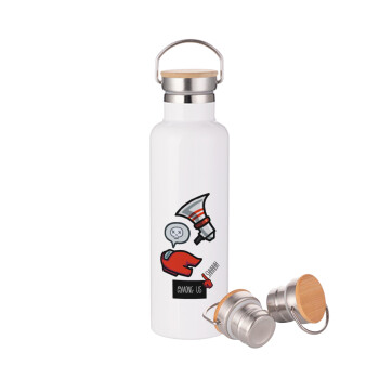 Among US Shhhh!!!, Stainless steel White with wooden lid (bamboo), double wall, 750ml
