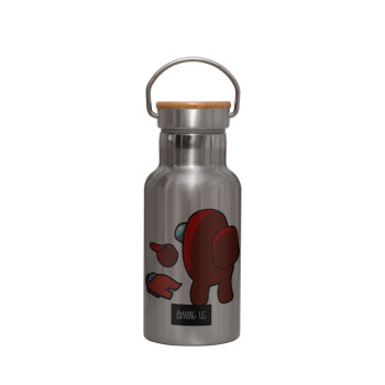 Among US i am impostor..., Stainless steel metallic thermos flask, silver with a bamboo lid, double-walled, 350ml.