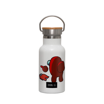 Among US i am impostor..., Metallic thermos (Stainless steel) White with wooden lid (bamboo), double-walled, 350ml