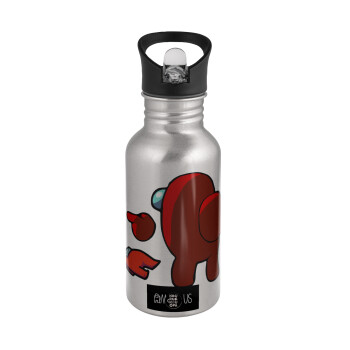 Among US i am impostor..., Water bottle Silver with straw, stainless steel 500ml