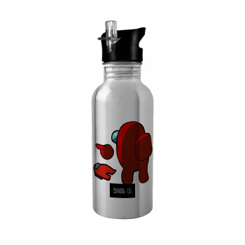 Among US i am impostor..., Water bottle Silver with straw, stainless steel 600ml