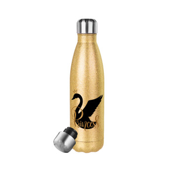 Swan Princess, Glitter gold stainless steel thermos bottle, double-walled, 500ml