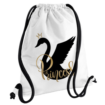 Swan Princess, Τσάντα πλάτης πουγκί GYMBAG λευκή, με τσέπη (40x48cm) & χονδρά κορδόνια