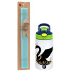 Easter Set, Children's thermal stainless steel bottle with safety straw, green/blue (350ml) & aromatic flat Easter candle (30cm) (TURQUOISE)