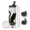 Travel Tumbler 2 Lids, with metal straw & cleaning brush (Stainless steel 304 Food grade, BPA free, 600ml)