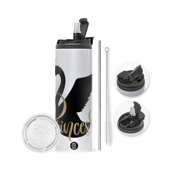 Swan Princess, Travel Tumbler θερμό με διπλό καπάκι, μεταλλικό καλαμάκι και βούρτσα καθαρισμού (Ανωξείδωτο 304 Food grade, BPA free, 600ml)