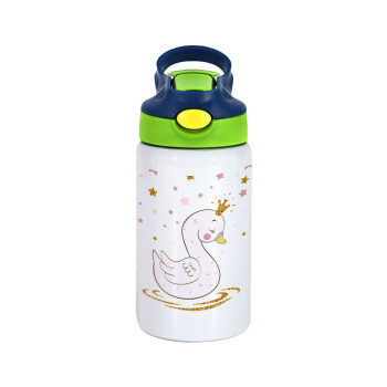 Crowned swan, Children's hot water bottle, stainless steel, with safety straw, green, blue (350ml)