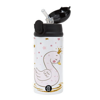 Crowned swan, Children's hot water bottle, stainless steel, with safety straw, Black (360ml) BPA-FREE