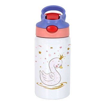 Crowned swan, Children's hot water bottle, stainless steel, with safety straw, pink/purple (350ml)