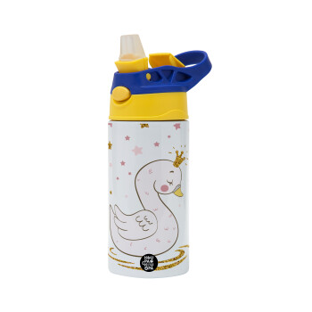 Crowned swan, Children's hot water bottle, stainless steel, with safety straw, green, blue (360ml) BPA FREE