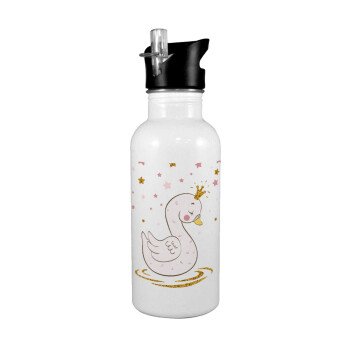 Crowned swan, White water bottle with straw, stainless steel 600ml