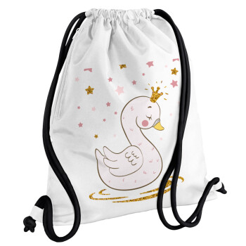 Crowned swan, Τσάντα πλάτης πουγκί GYMBAG λευκή, με τσέπη (40x48cm) & χονδρά κορδόνια
