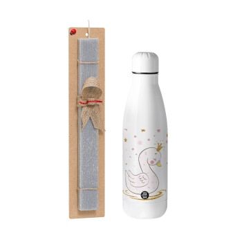 Crowned swan, Easter Set, metallic stainless thermos bottle (500ml) & scented flat Easter candle (30cm) (GRAY)