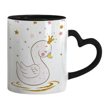 Crowned swan, Mug heart black handle, ceramic, 330ml