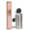 Easter Set, metallic Silver aluminum water bottle (500ml) & scented flat Easter candle (30cm) (PINK)