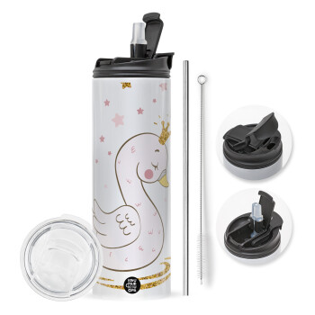 Crowned swan, Travel Tumbler 2 Lids, with metal straw & cleaning brush (Stainless steel 304 Food grade, BPA free, 600ml)