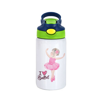 I Love Ballet, Children's hot water bottle, stainless steel, with safety straw, green, blue (350ml)