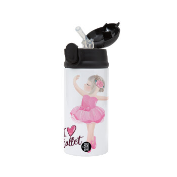 I Love Ballet, Children's hot water bottle, stainless steel, with safety straw, Black (360ml) BPA-FREE