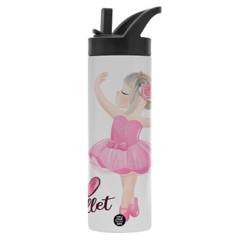 I Love Ballet, Metallic thermos bottle with straw & handle, stainless steel (Stainless steel 304), double-walled, 600ml.